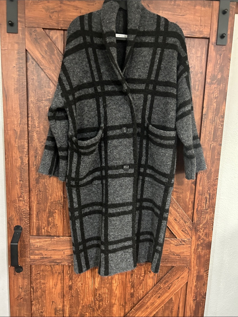 Zara Gray & Black Plaid Long Wool Blend Coat